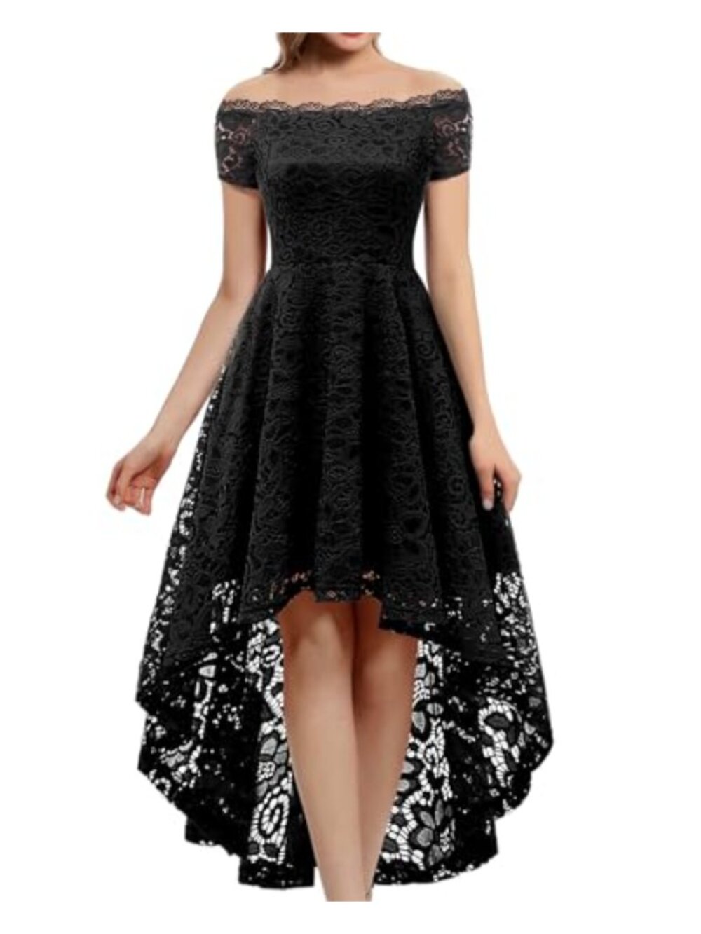 Lace Off Shoulder High-Low Formal Dress